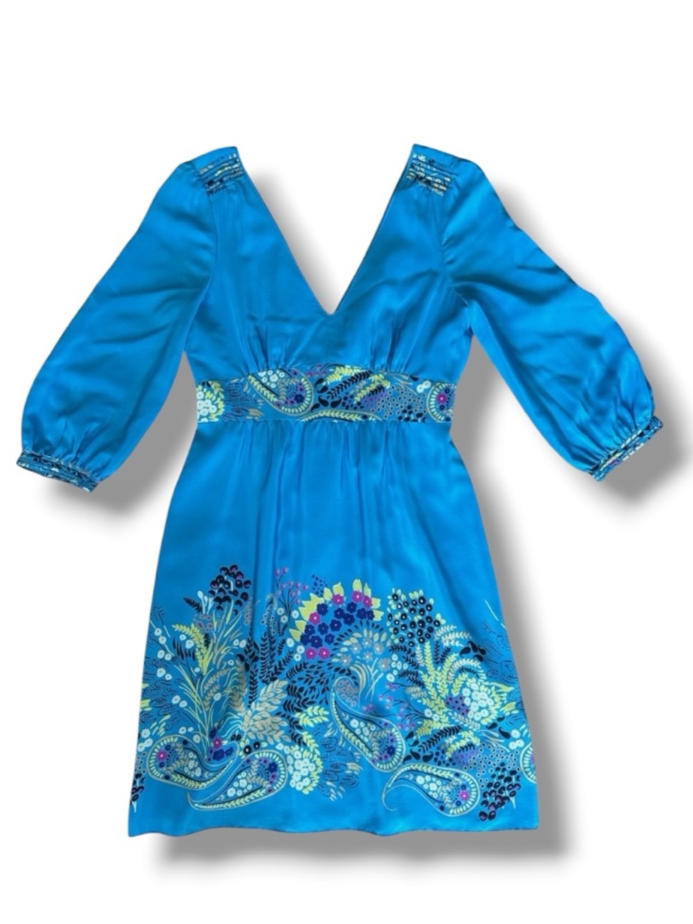 Tibi Blue Floral/Paisley Engineered Print Silk High Waisted Dress Size 6